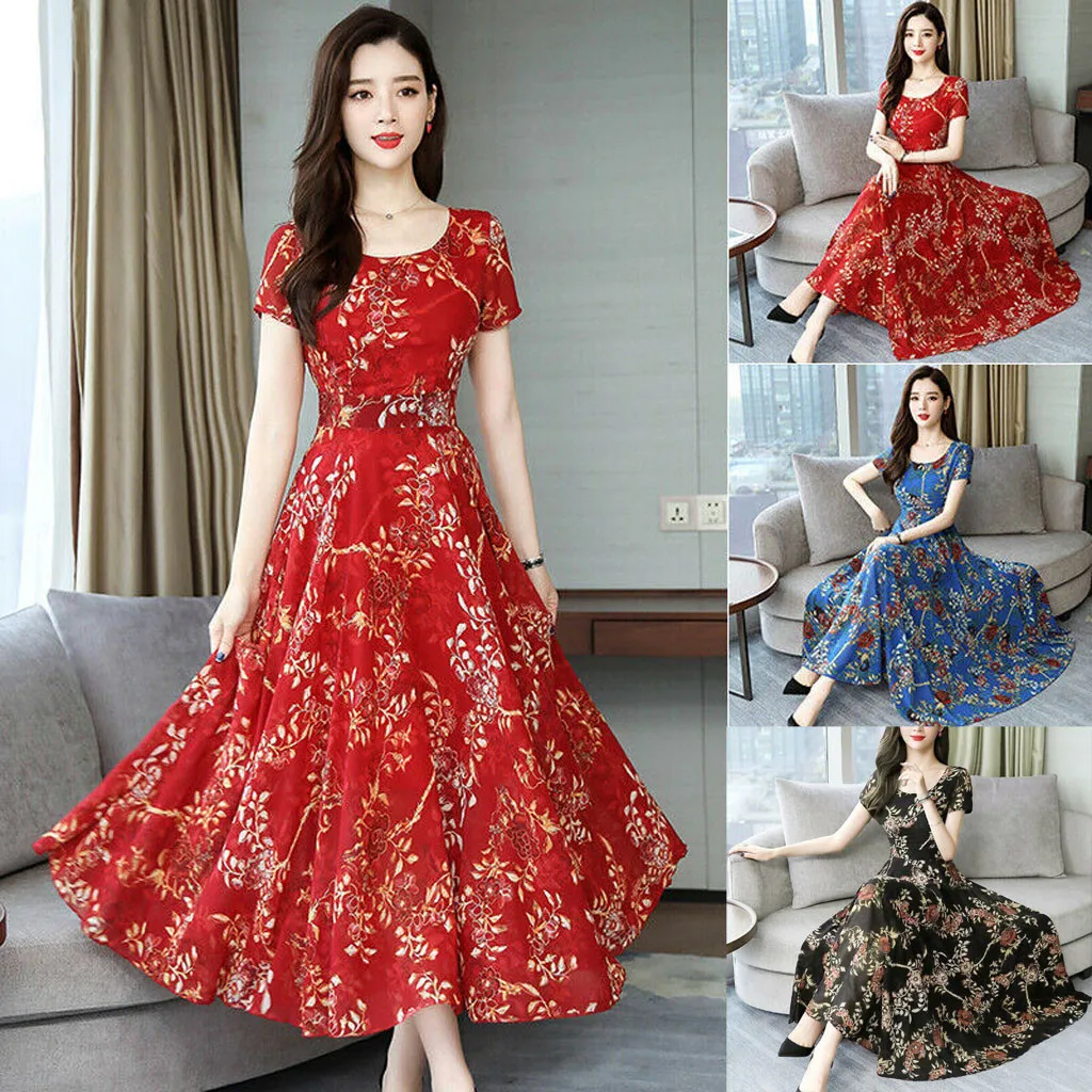 

Summer Beach Maxi Dress Women Floral Print Boho Long Chiffon Dress Ruffles Female Casual O-Neck Holiday Sexy Party Dress Robe