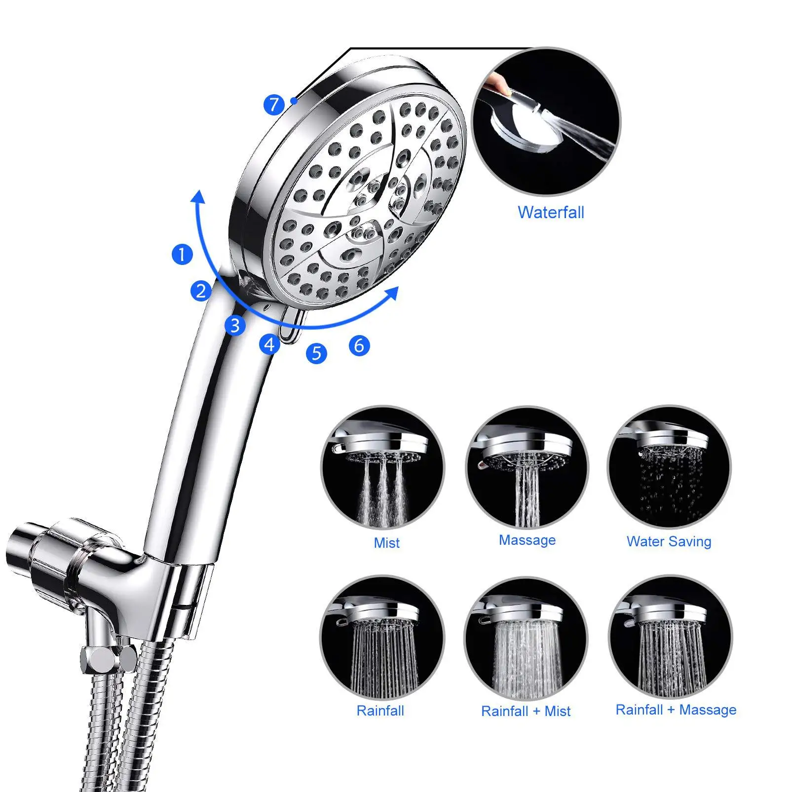 

Насадка для душа с распылителем, регулируемая ручная Лейка высокого давления с функцией экономии воды, 7 режимов, массажный спрей, набор аксессуаров для ванной комнаты, душа