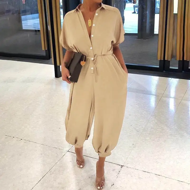 Fashion Overalls Women Solid Colors Casual Commute Jumpsuits Short Sleeve Polka Dot Rompers New Plus Size Summer 2021 Playsuits