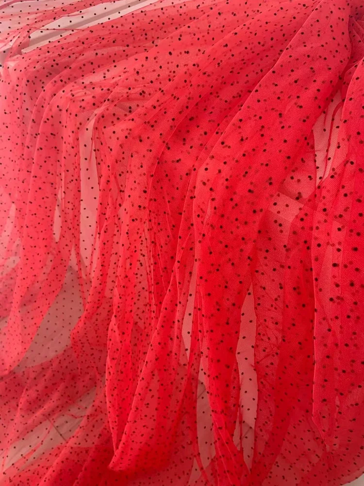 

1 Yard Red Lace Fabric with Black Tiny Polka Dots Gauze Point Flocked Netting for Couture,Wedding Dress,Gown,Clothes Sewing