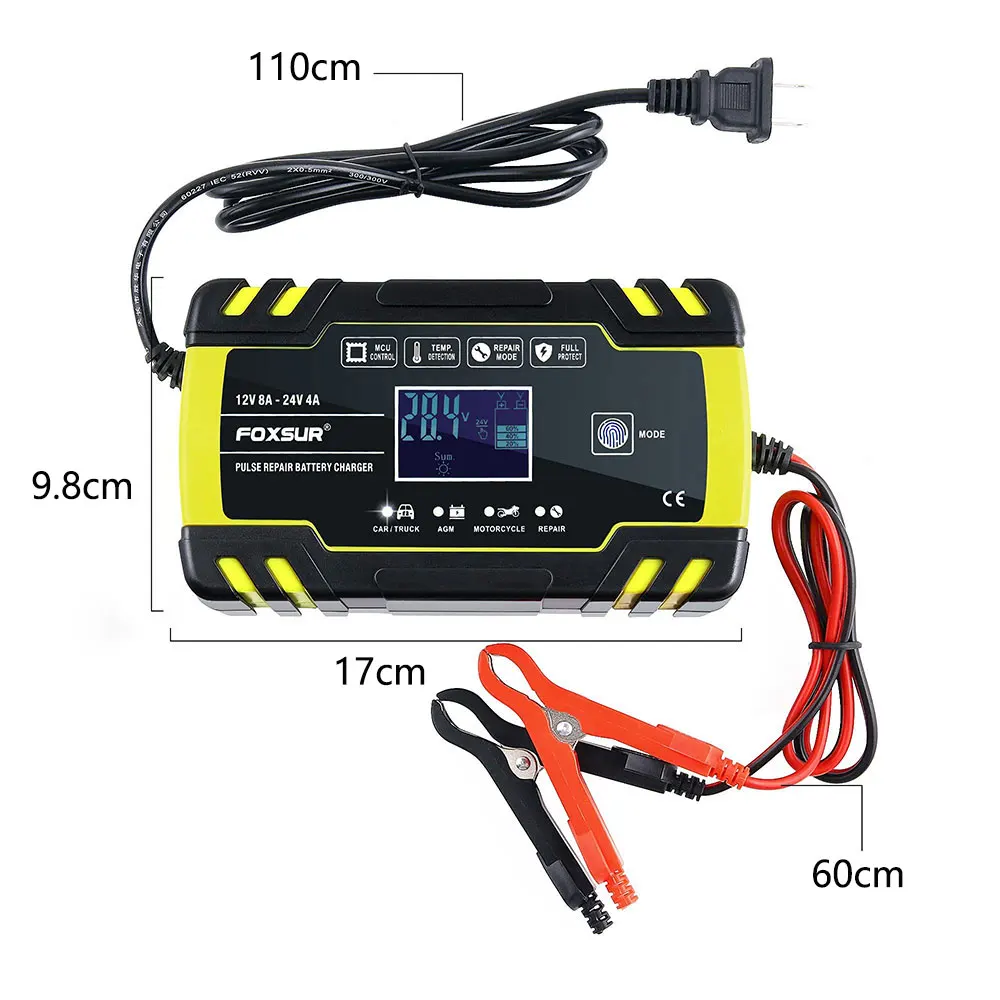 foxsur 3 stage automatic car charger vcorder 12v battery 24v 8a smart battery charger for truck atv rv sla agm gel battery moto free global shipping