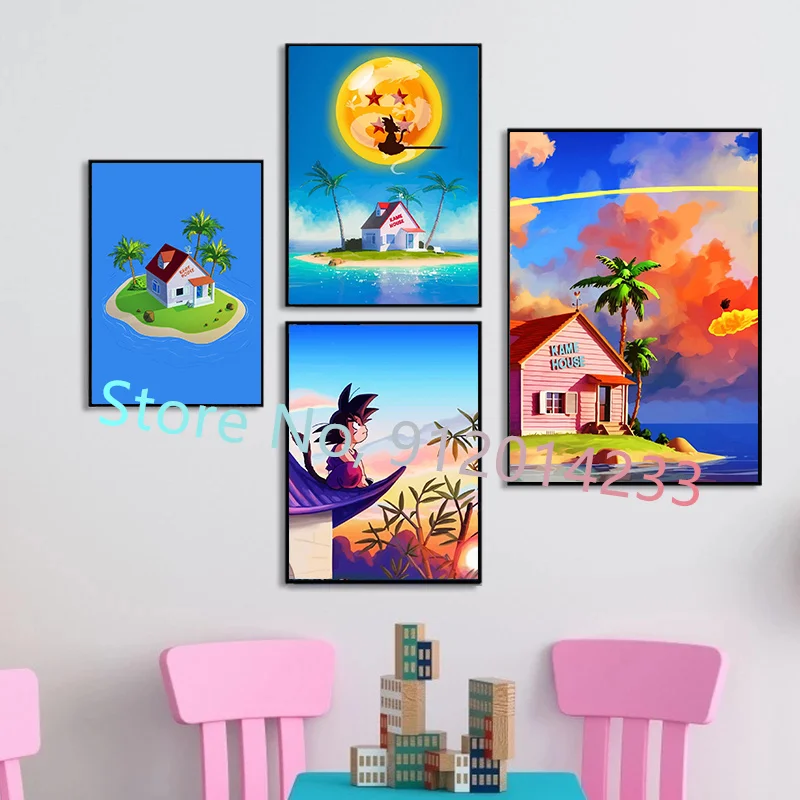 Аниме Драконий жемчуг Холст Картина Сон Гоку Каме дом пейзаж плакаты и принты