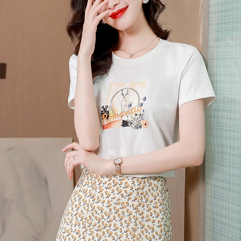 

Silk Cotton T-shirt Women Summer 2023 New Printed Loose Tees Short Sleeve Patchwork Top O-neck Clothing YCMYUNYAN