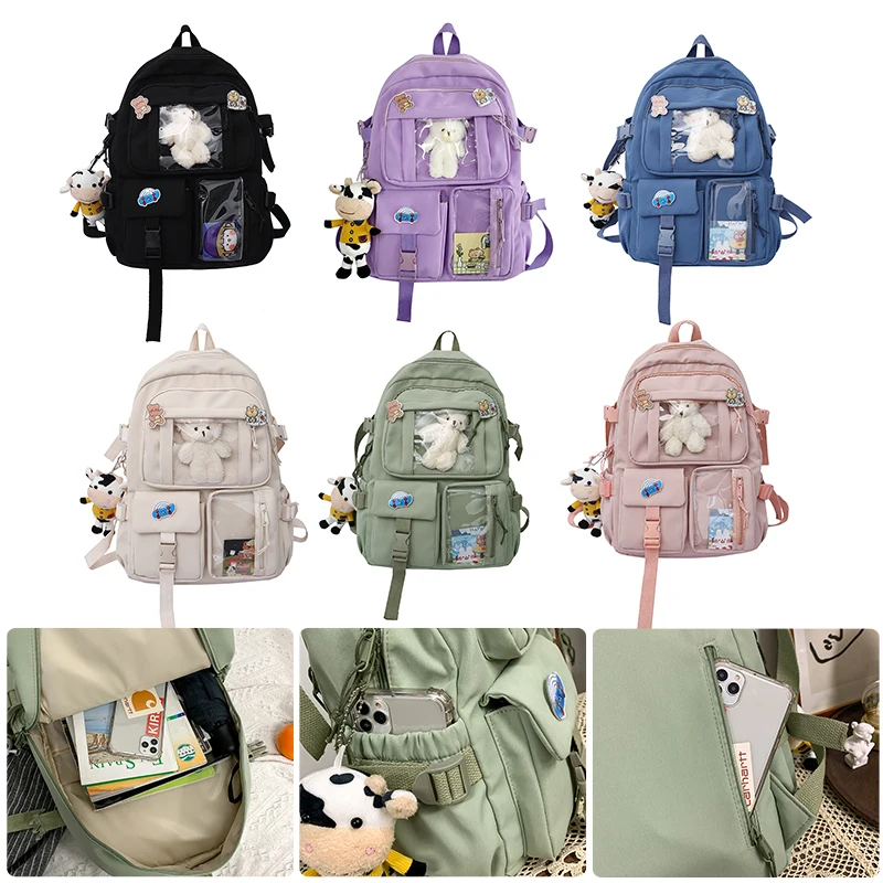 

Cute Casual Women Oxford Shoulder Backpacks Solid Color Backpack Bear Doll Badge Card Student School Bags Multi Pockets for Girl