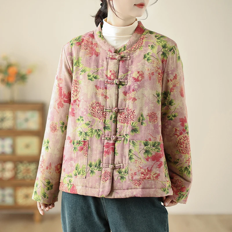Утепленная хлопковая куртка с широкой талией в китайском стиле ретро женская