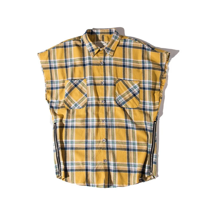High Street Sleeveless Color Block Plaid Shirts Lapel Mens Retro Oversized Side Zipper Summer Casual Loose Tops Harajuku Hip Hop