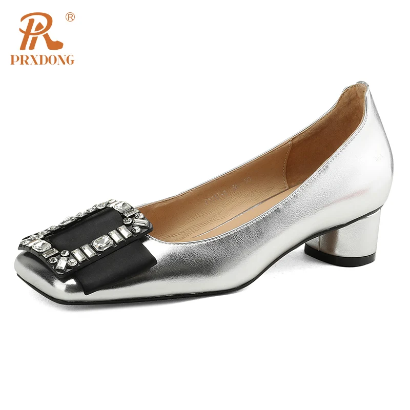 

PRXDONG New 2023 Spring Summer Genuine Leather Med Heels Square Toe Crystal Black Silver Dress Casual Female Shoes Pumps Size 42