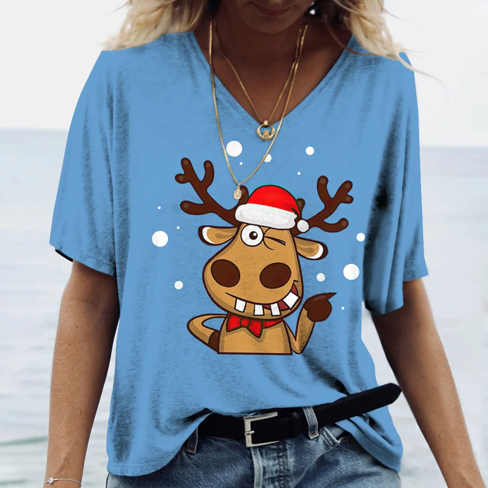 

2022 Ladies T Shirts Christmas Elk Print Party Ladies T Shirts Short Sleeve Tops Cute Clothes Christmas Oversized Winter Styles