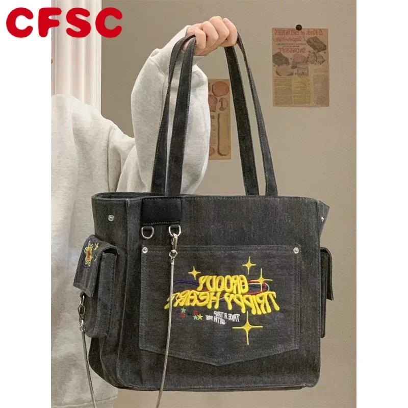 

Портативная холщовая Ретро сумка-тоут с вышитыми надписями, винтажный вместительный саквояж на плечо для подмышек, женская сумка для покуп...