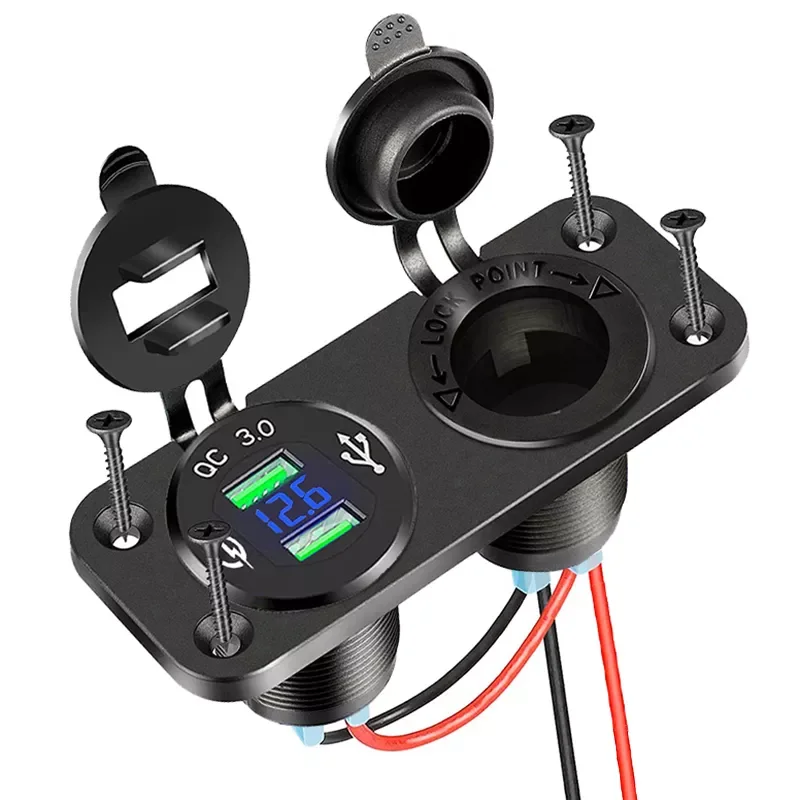 

Разветвитель для прикуривателя, 12 В, двойной USB-разъем 3,0 для быстрой зарядки со светодиодным вольтметром, водонепроницаемый адаптер для при...