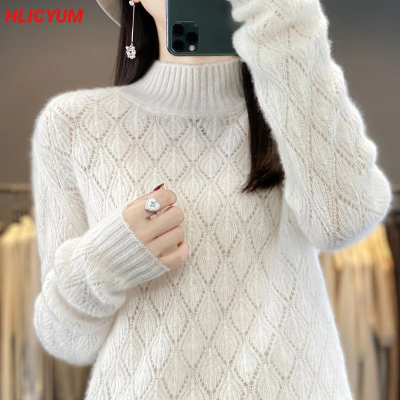 

Women's sweater casual solid color knitted cashmere sweater semi-high collar 100% wool Blouse ladies Joker hollow pullover thick