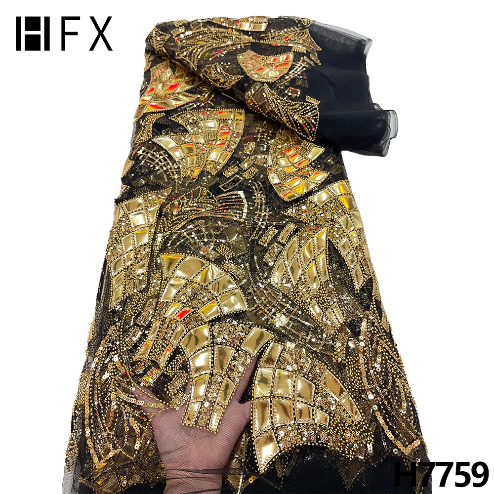 

HFX высококачественные большие Блестки бусины кружевная ткань вышивка 2023 африканская кружевная ткань 3D бисер материал для свадебного плать...