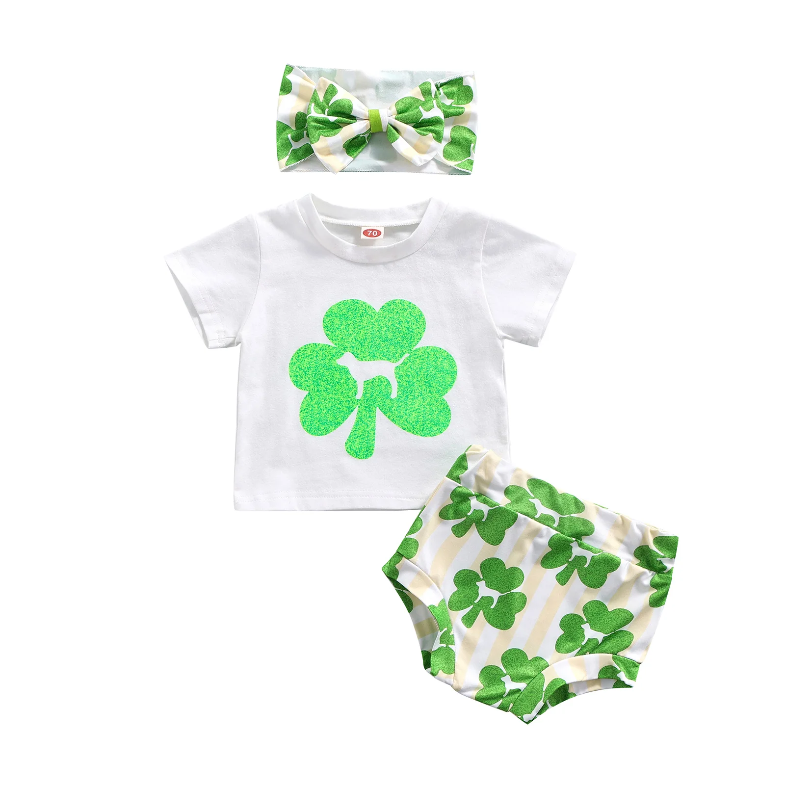 

St. Patrick's Day 3Pcs Toddler Baby Girls Clothing Summer Outfit Clover Print Short Sleeves T-Shirts Pantie Hairband 0-24 Months