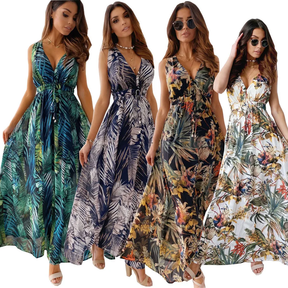 

Summer Women's Bohe Maxi Long Sundress Female V-Neck Backless Sleeveless Floral Print Bandage Party Dresses Vacation Beachwear