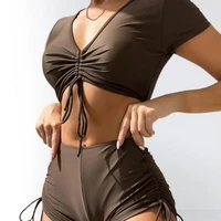 bathing suit push up comfortable stretchy short sleeve top drawstring shorts set women swimwear for spa
