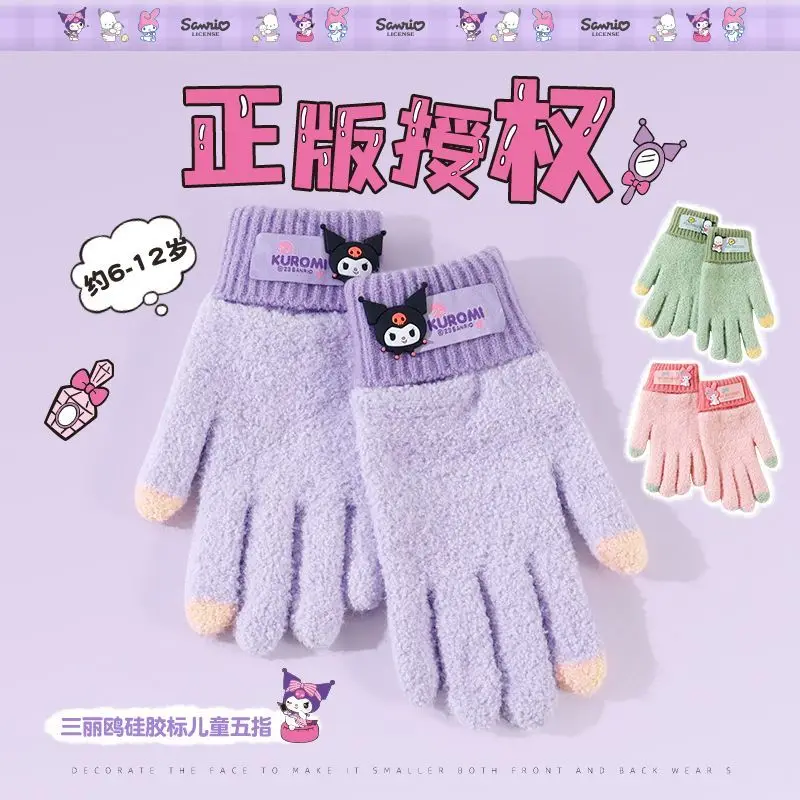 

6-12 Years Old New Kawaii Cartoon Sanrios Plush Kids Gloves My Melody Kuromi Pochacco Cute Anime Girls Knit Wool Warm Gloves