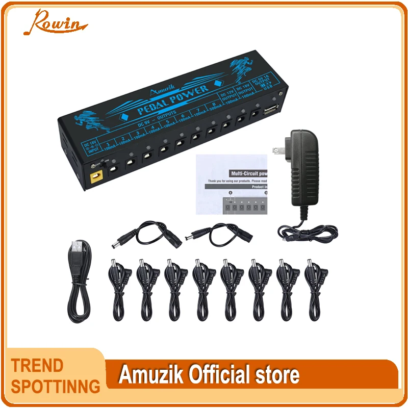 Amuzik Guitar Pedal Power Supply 10 Isolated DC Output for 9V/12V/18V Guitar Effect Pedals with USB Charging Port