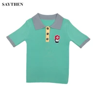 saythen summer new sweet age reducing lapel sweater womens short sleeved color blocking top pullover