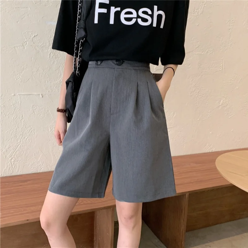 Loose Casual Straight High Waist Shorts with Front Pleats Thin Streetwear Summer Clothes for Women 2021 New Fashion Suit Shorts