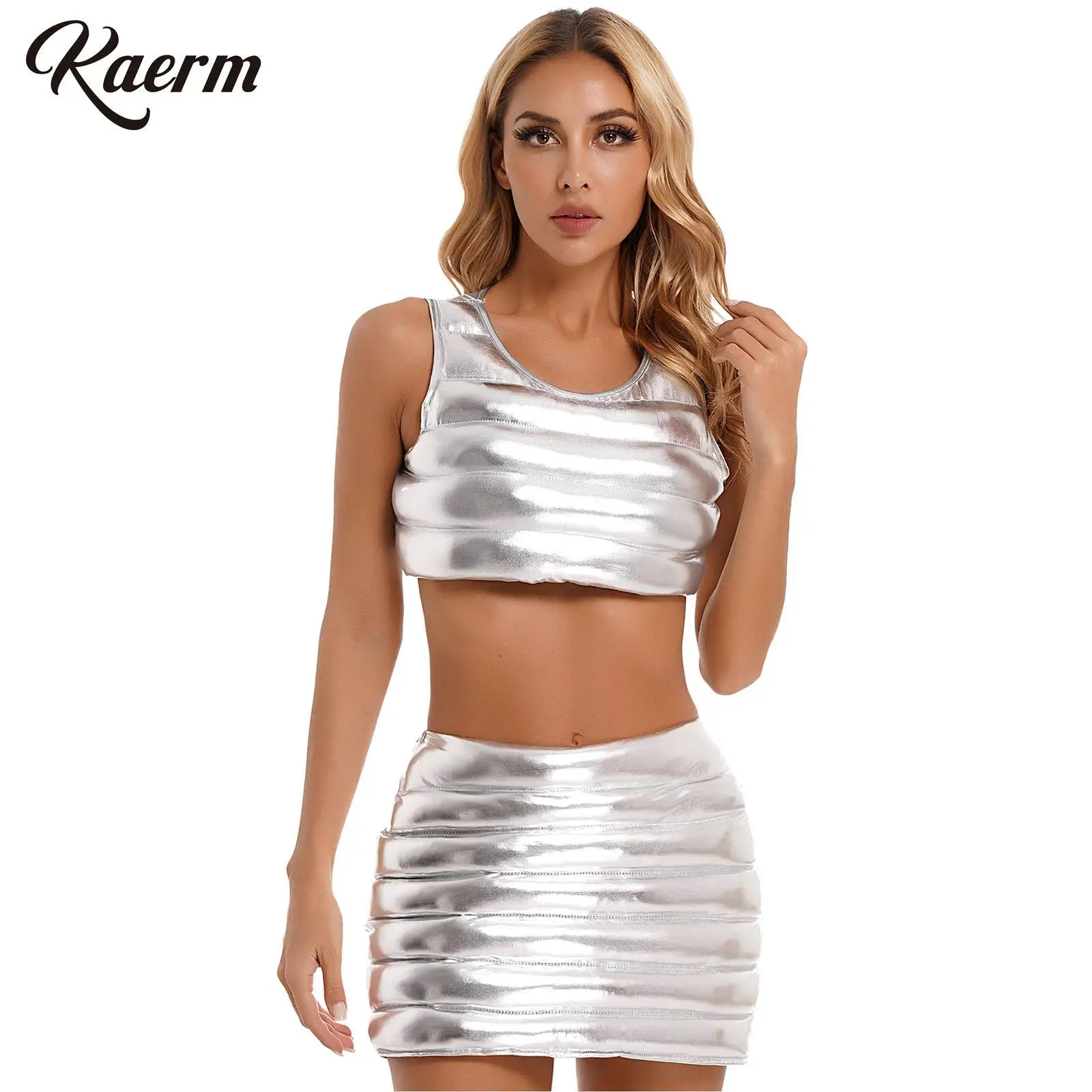 

Женский комплект из 2 предметов, стеганая Теплая юбка, металлический укороченный топ с мини-юбкой для танцев, повседневная, вечерняя Клубная...