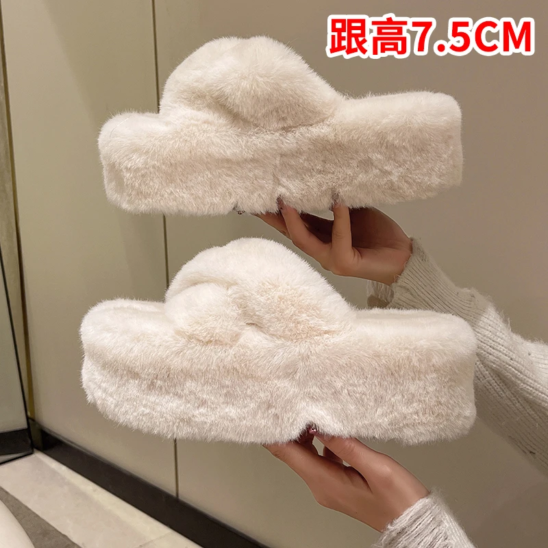 

Тапки женские плюшевые из флока, роскошные шлепанцы на платформе и высоком каблуке, дизайнерские меховые тапочки, сланцы, 2022