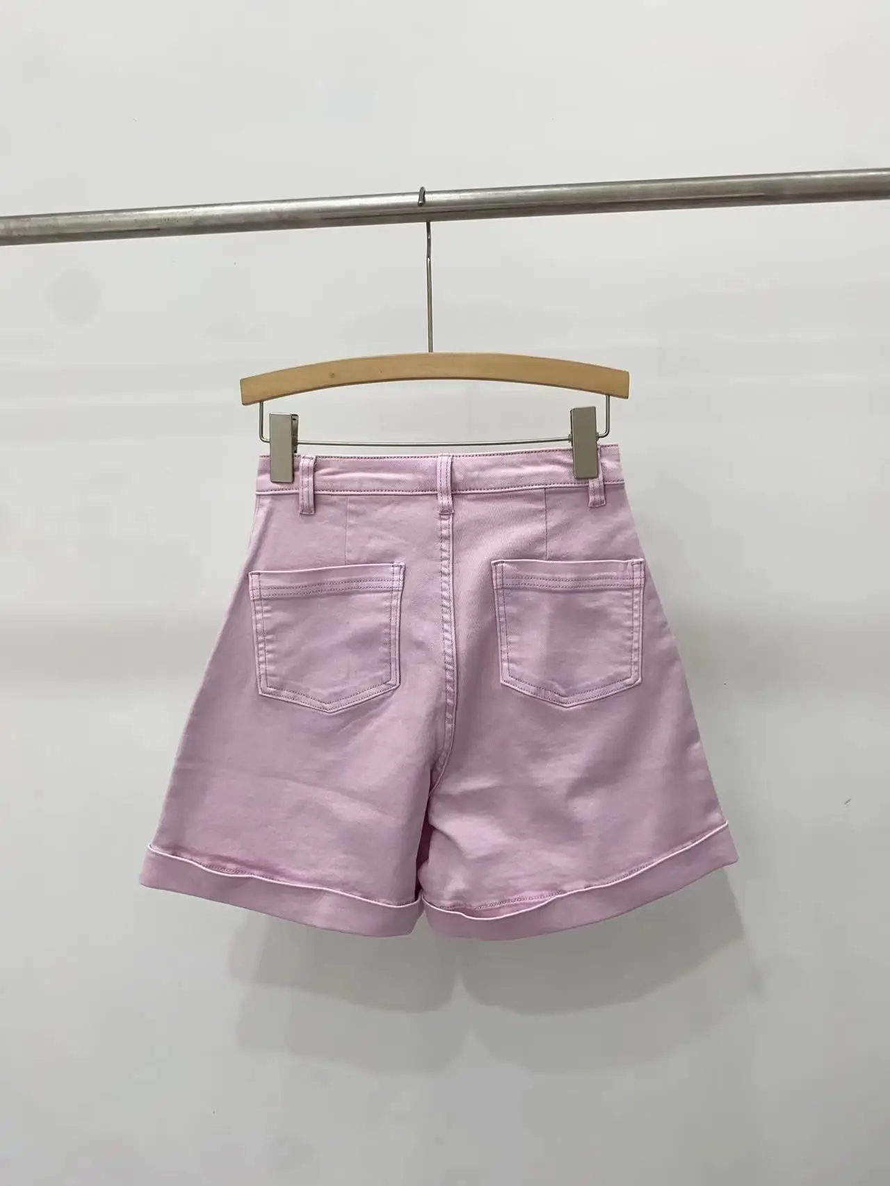 

Women Shorts High Waist Straight Zipper Pink All-Match Short Jeans with Pockets