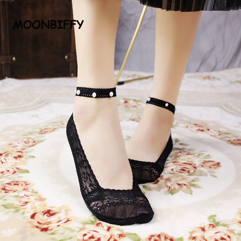 

Женские носки со шнуровкой, тонкие низкие носки с кружевной отделкой, невидимый жемчуг, подвязки на ногу, носки в эстетическом стиле, милая т...