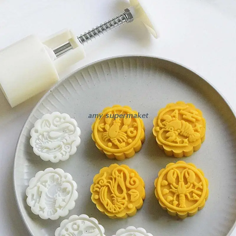 Plastic Cookie Stamps Round Lobster Pattern Mooncake Mould Hand-Pressure Moon Cake Maker DIY Pastry Tool for Mid-Autumn