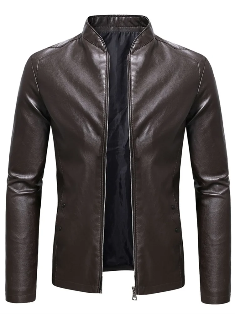 

Men's Spring and Autumn New Business Casual Slim Long-sleeved Pu Leather Jacket Jacket Side Seam Pocket Zipper Solid Color