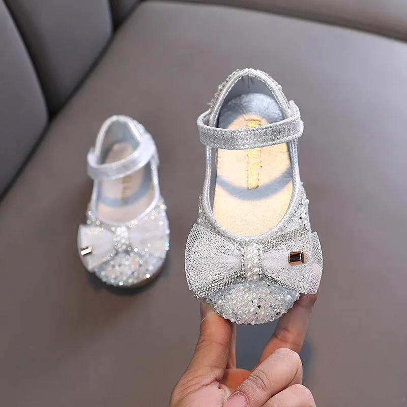 Autumn Girls Lace Bowtie Leather Shoes Toddler Children's Sequins Party Shoes Fashion Kids Casual Flats Dance Shoes