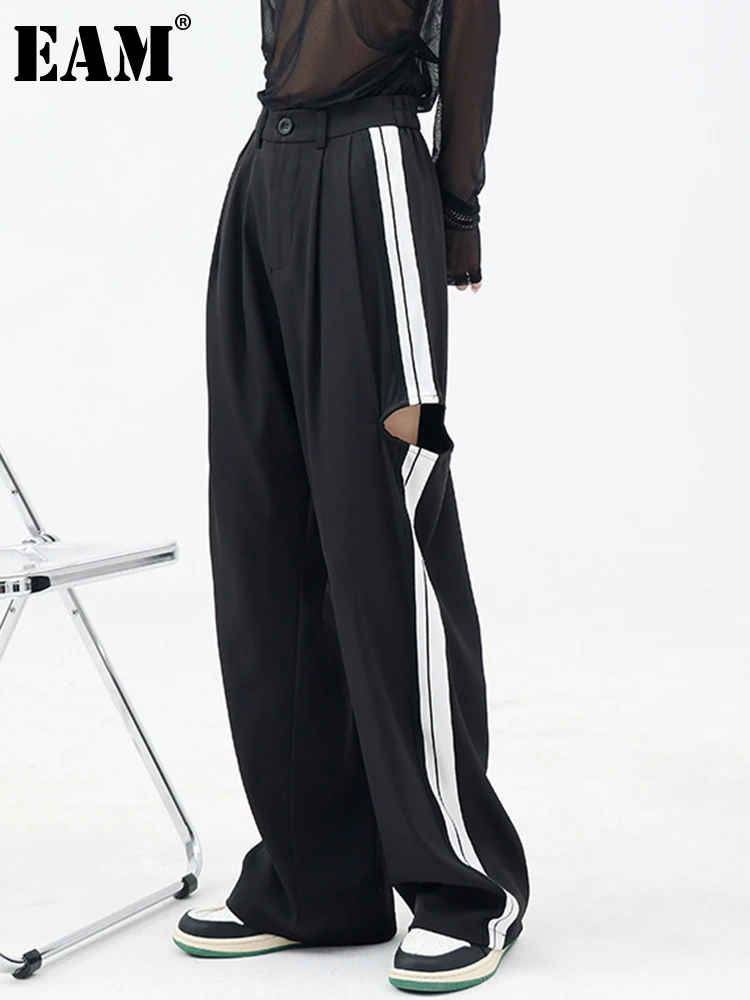 

[EAM] High Elastic Waist Black Striped Hollow Out Long Trousers New Loose Fit Pants Women Fashion Spring Autumn 2022 1DE9690