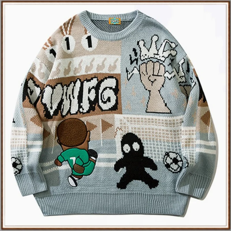 

Piece Color Casual Knit Sweater Men Cartoon Pattern Letters Looser Long-Sleeved Hip-Hop Street Casual College Knit Sweater Women