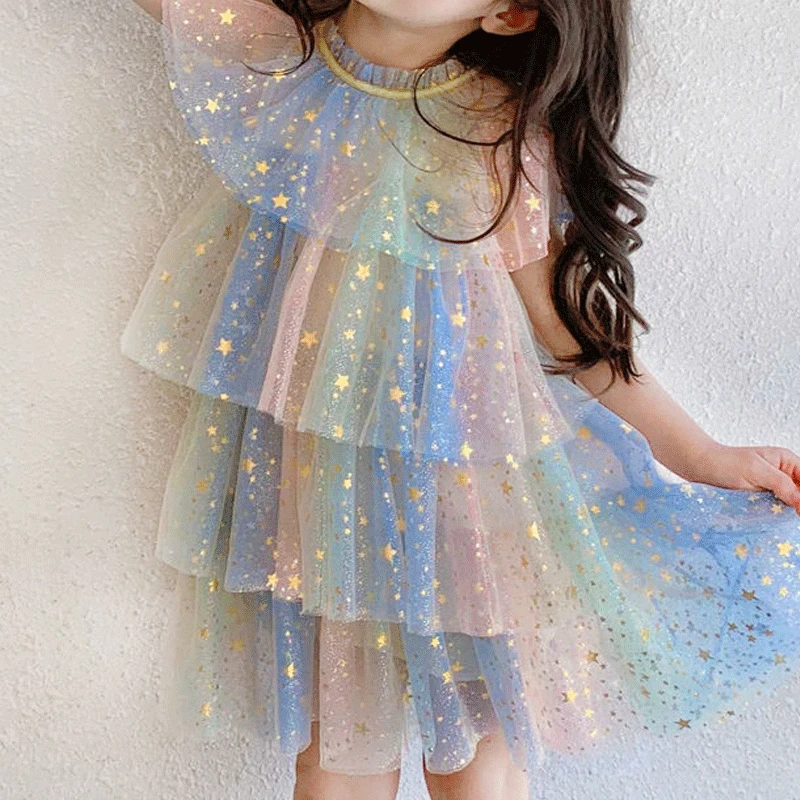 

Summer Anime Kawaii Cake Princess Skirt Sleeveless O Neck Middle Gauze Girls' Clothing 2023 Gradient Solid Children's Costumes