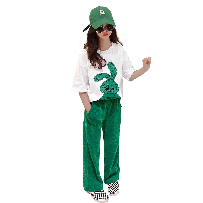 

Cartoon Bear Children Girls Clothes Set Summer 2022 New Kids Short Tshirts+Cropped Trousers two-piece big Toddler Clothing Set