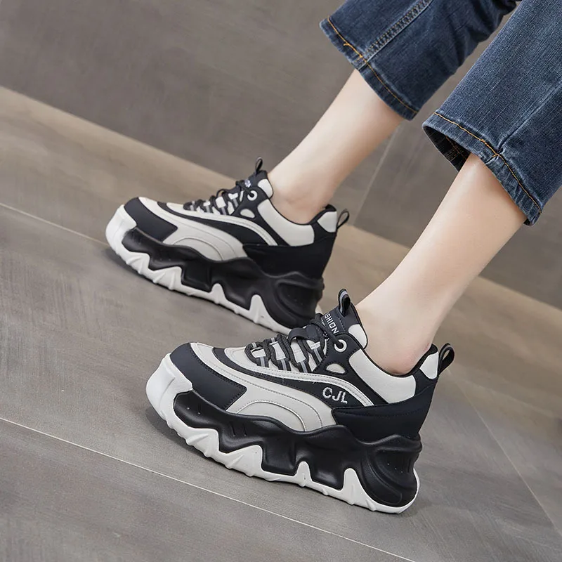 8CM Genuine Leather Mixed Color High Brand Women Chunky Sneakers Platform Wedge Vulcanized Shoes Hidden Heels Lady Fashion