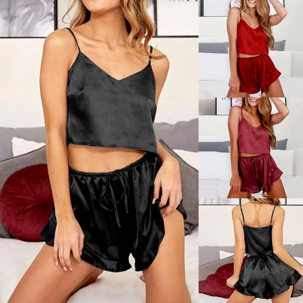 

2 Pcs Set Sling Tops Shorts Sleepsuit Women Sexy Sleepwear Set Spaghetti Straps Cropped Camisole Ruffled Hem Shorts Nightsuit