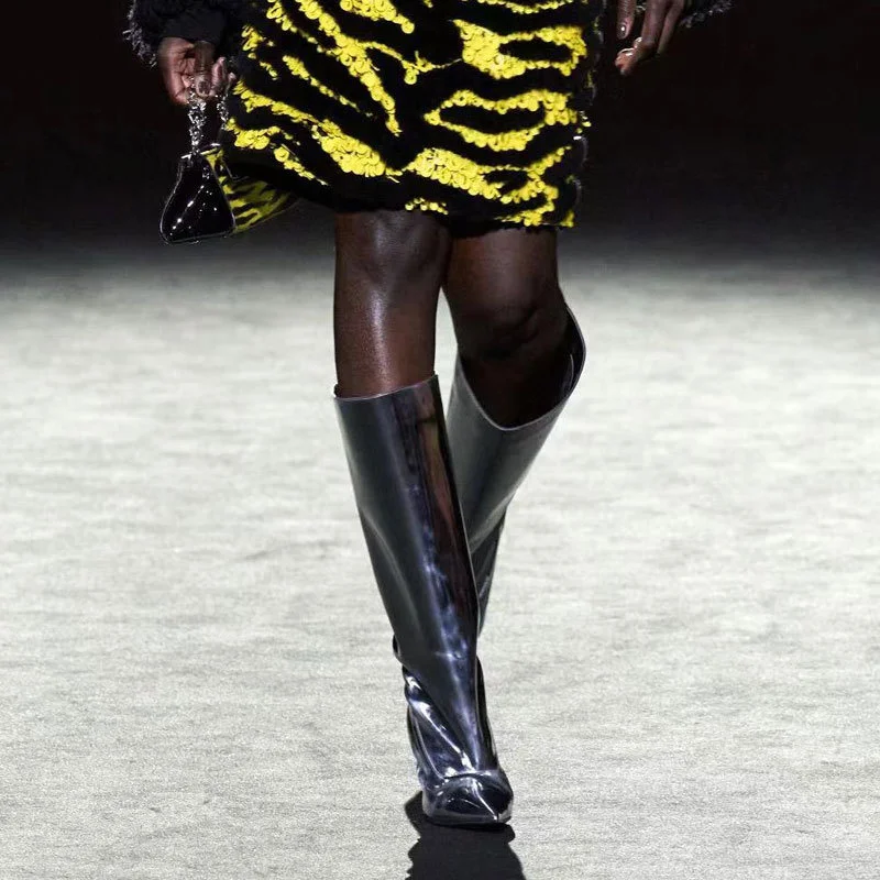 Autumn And Winter New Style Women's Knee High Boots Teeth Shaped Heel Female Shoes Patent Leather Slip-on Fashion Lady Footwear