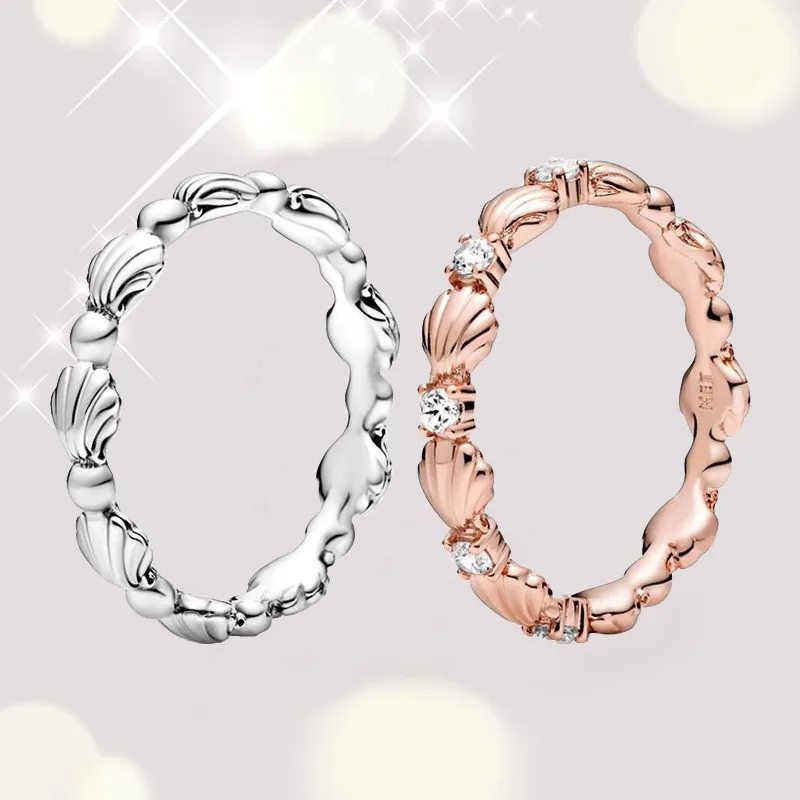 

2021 Autumn 925 Sterling Silver Rose Gold Glittering Shell Pan Ring Suitable For Women's Gifts Wedding Diy Jewelry