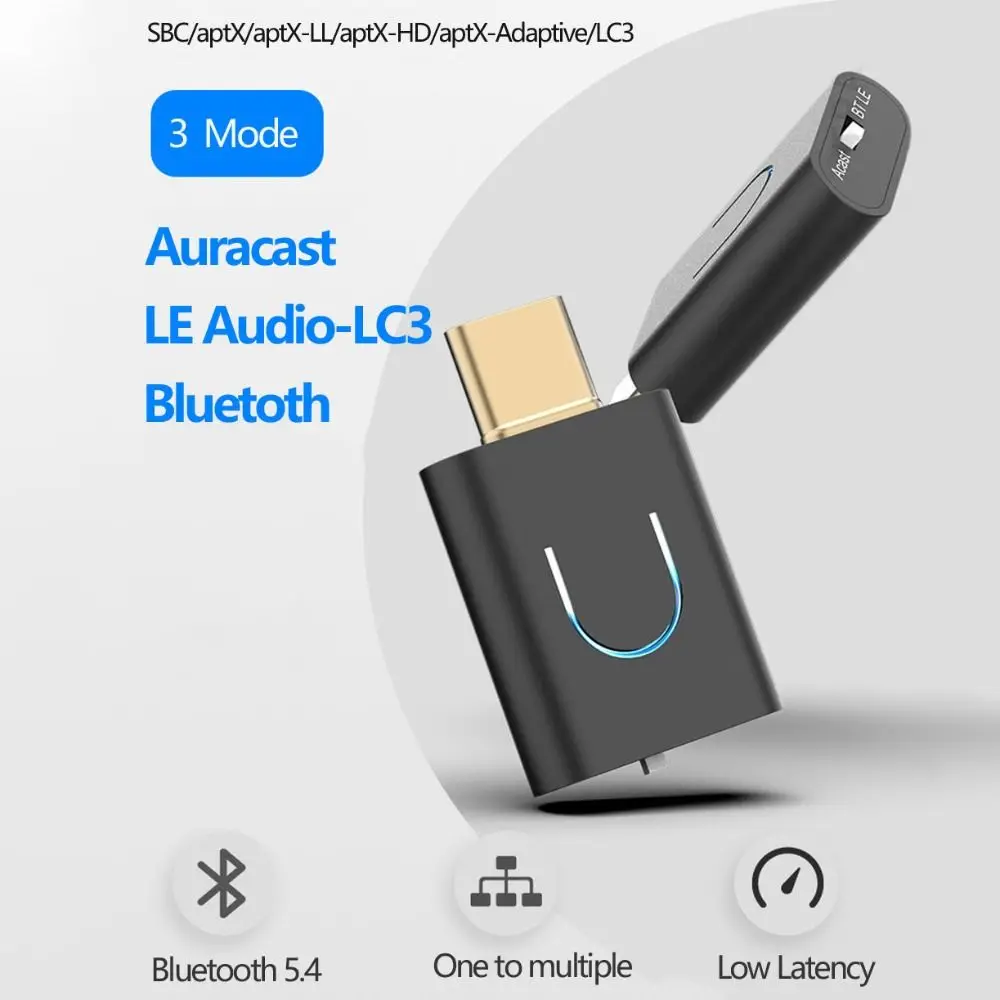 Фото Аудиопередатчик Auracast Bluetooth 5.4 с поддержкой aptX-LL/HD, низкой задержкой, беспроводной стереоадаптер Type-C, передатчик аудио LC3 LE №1