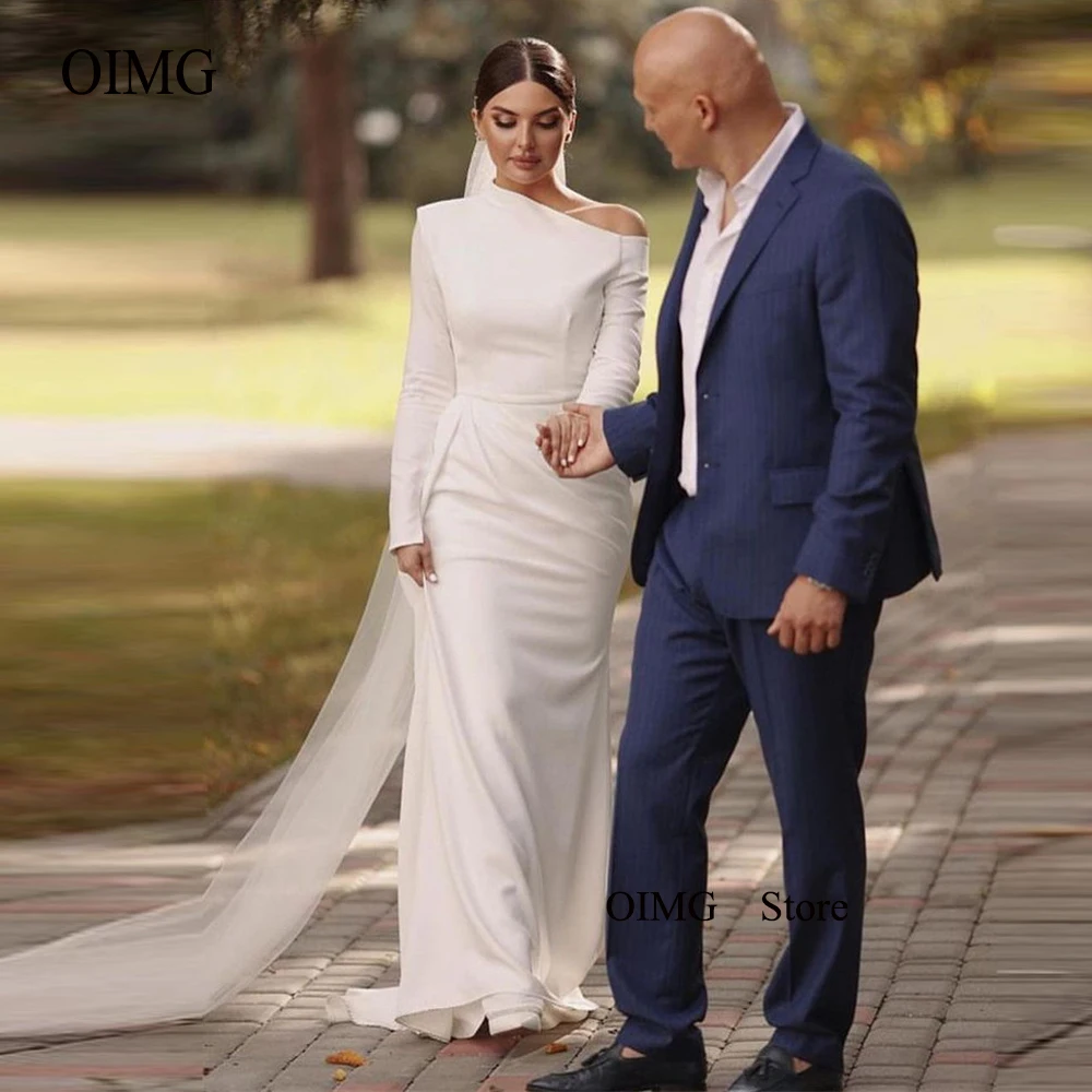

OIMG Saudi Arabic Women Wedding Dresses Long Sleeves Sheath Stretch Satin Bridal Gowns Plus Size Beach White Formal Dress