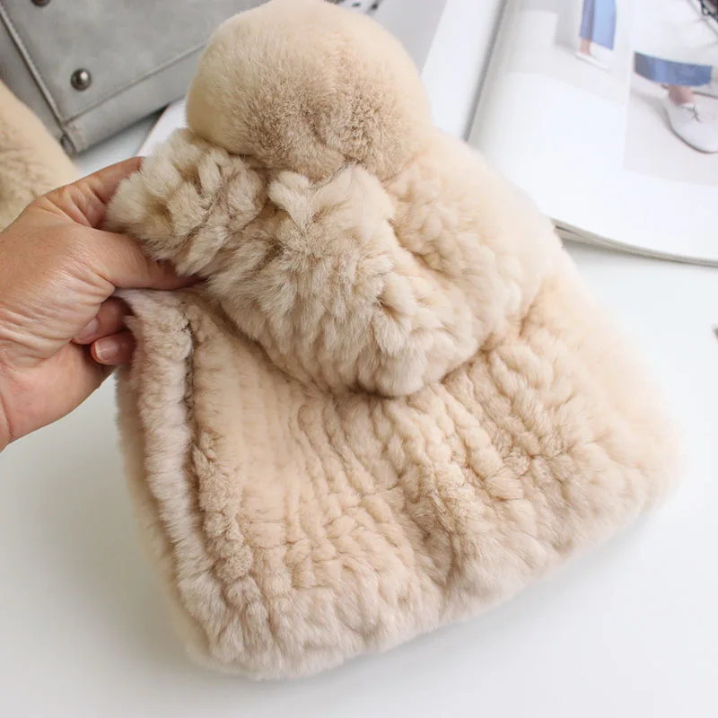 New Style Cute Women Beanies Hats Knitted Real Fur Ladies Hat High Elastic Stretchable Winter Warm Pompom Hats Ski Caps