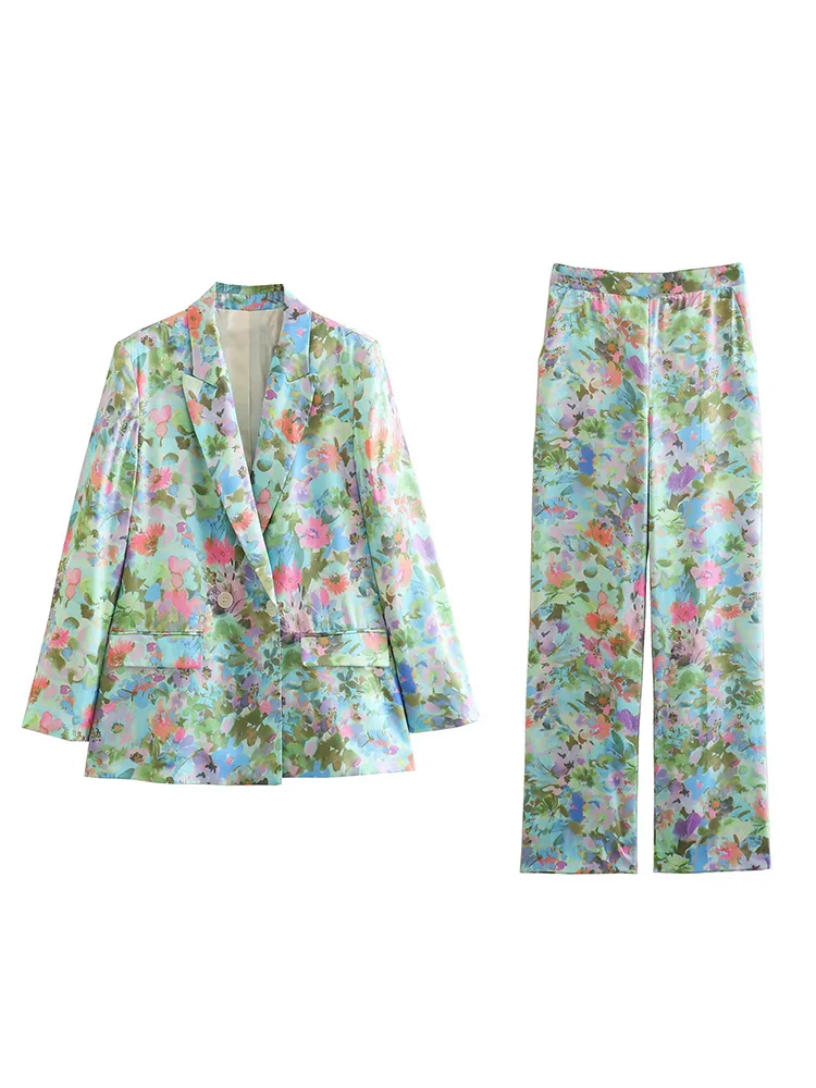 

Kumsvag 2023 New Women Summer Pant Suits 2 pieces sets Fashion Print Satin Blazers Coats and Trousers Female Street Suit Clothes