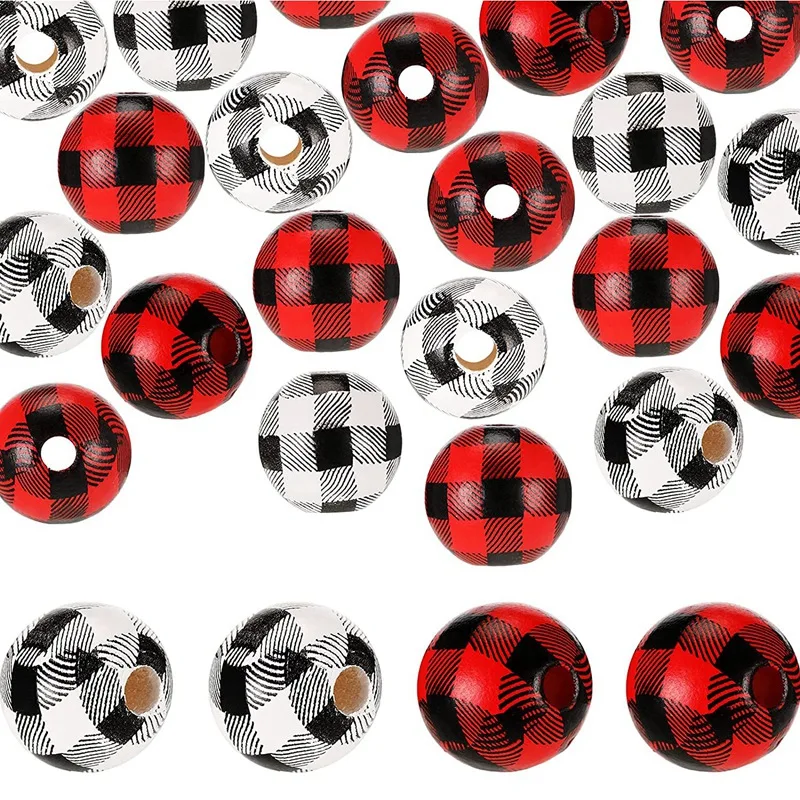 

Plaid Wood Bead Print Wooden Beads,16Mm Round Craft Wooden Beads For Wall Garland Decoration DIY Craft Handmade Bracelet