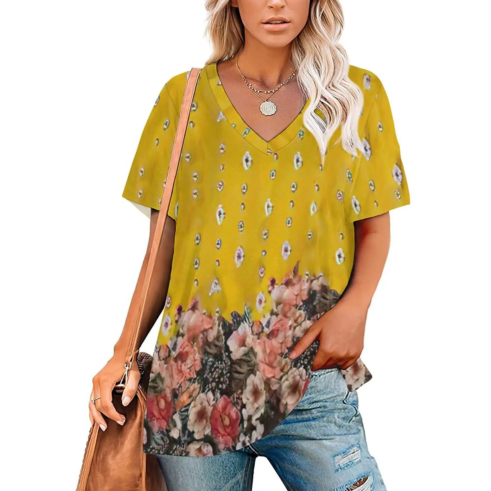 

Summer Women's Tee Flowers Print Vintage Women's Shirt Short Sleeve Shirt Top