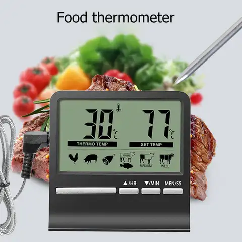 Цифровой термометр для приготовления пищи с ЖК-дисплеем, термометр для духовки, барбекю, мяса, таймер с щупом из нержавеющей стали
