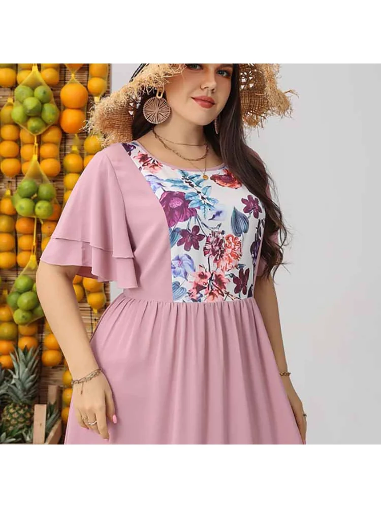 Middle East round neck mid-waist color matching large size women's dress color matching plus size dress
