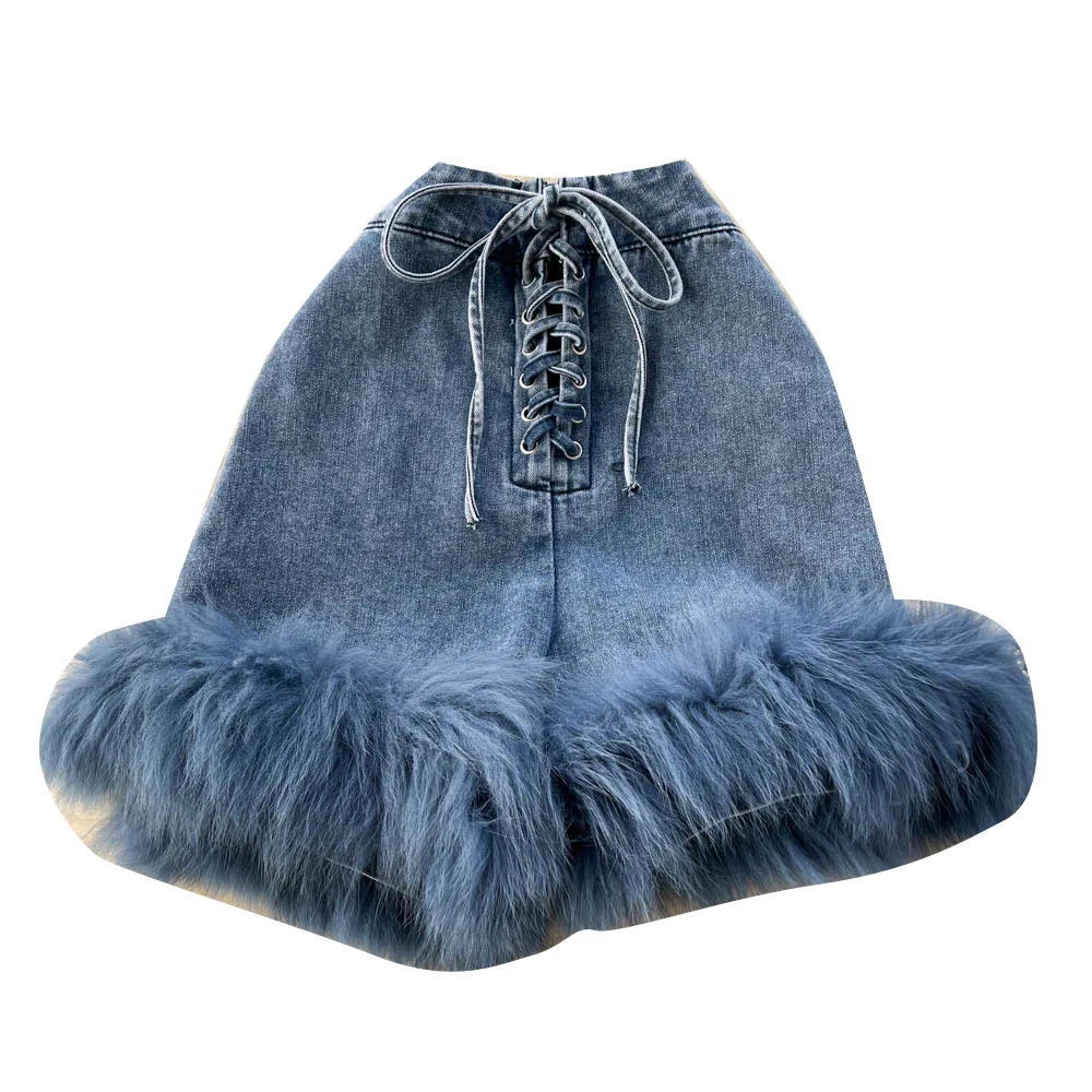 Fashion Women Shorts High Waist Denim Lace Up Faux Feather Half Pants 2023 Spring Summer New Female Sexy Clucwear Trousers шорты