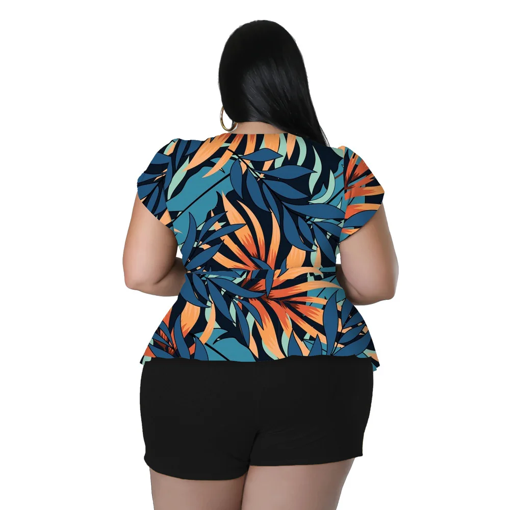 Plus Size Summer Big Size Ladies Casual Printing Two-piece Set Bohemia Style Short Sleeves t Shirt and Shorts 3xl 4xl 5xl 6xl