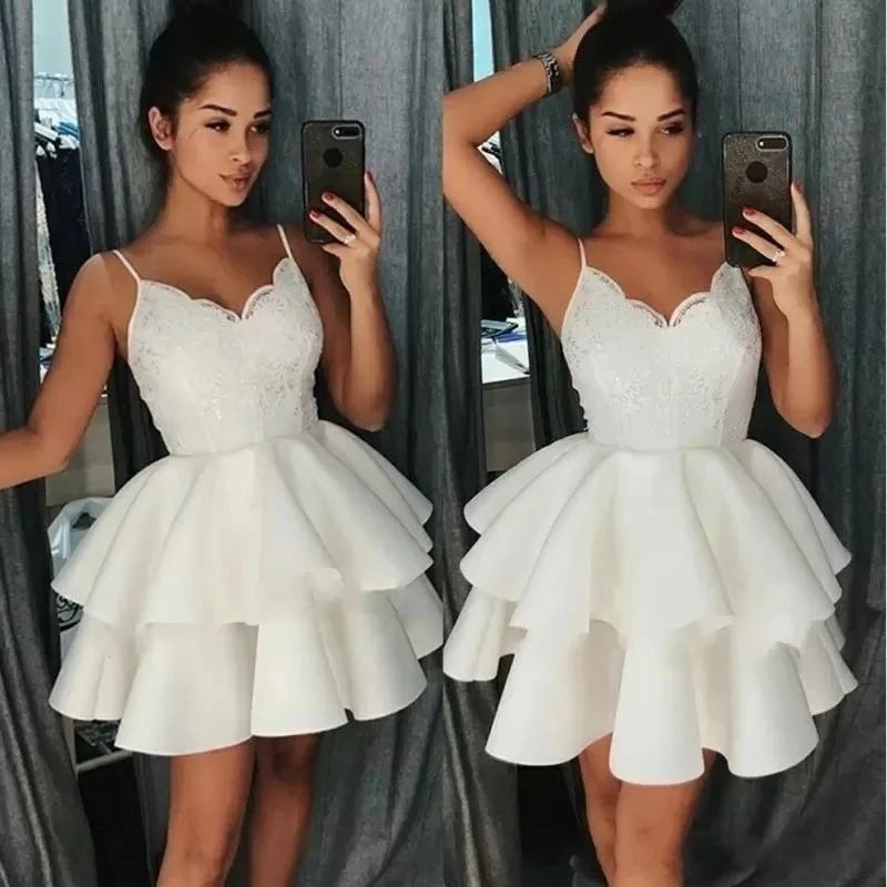 

ANGELSBRIDEP Ivory Short Homecoming Dresses Spaghetti Straps Ball Gown Layers Lace Graduation Party Girls Wear Plus Size
