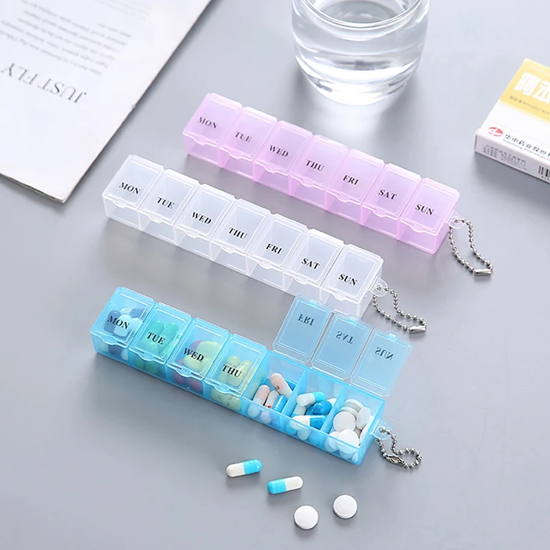 

7 Days Rectangle Medicine Box Weekly Pill Tablet Holder Storage Organizer Container Case Pill Box Splitter Pill Case Keychain